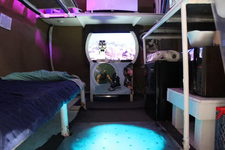 Interior view of a STEM-themed tiny house room, featuring a bed with a blue blanket on the left, an interactive telescope station in the center, and a small refrigerator and microwave on the right, with a window showcasing a telescope outside.