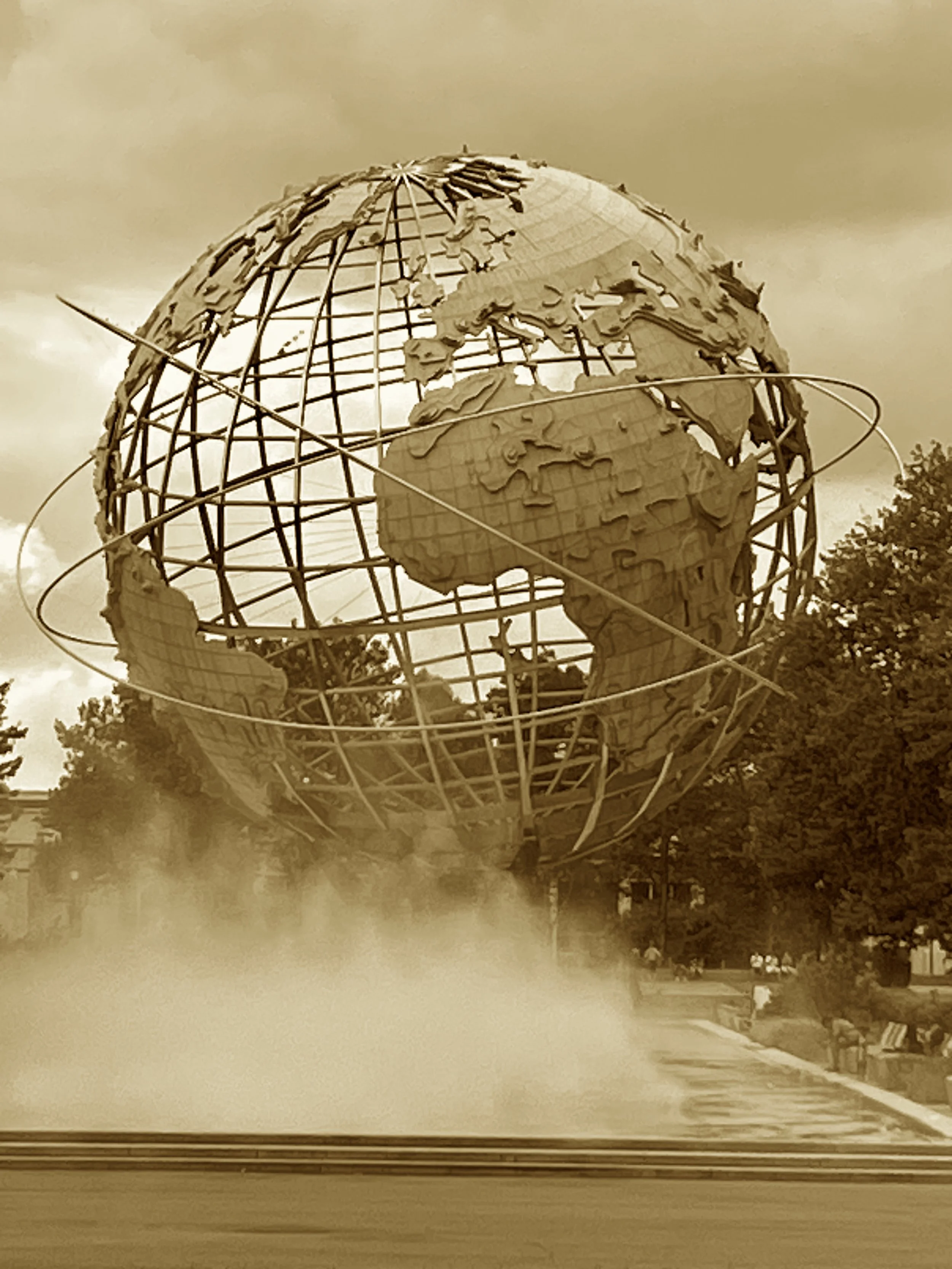 A steel-sphere globe that towers high,
With fountains leaping toward the sky.
It crowned a fair both vast and bold,
Though stories told were never sold.
But still it spins, through time and haze—
A symbol of those future days.