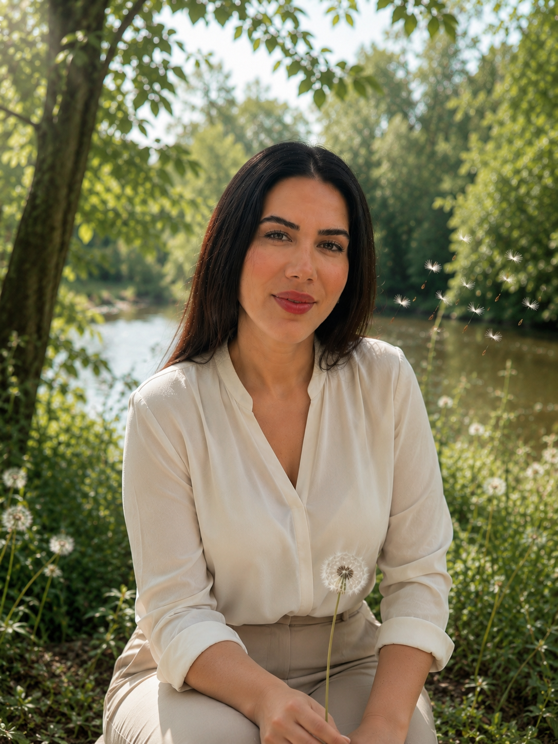 A woman with long dark hair sitting outdoors near a river, holding a dandelion, with trees and greenery in the background.