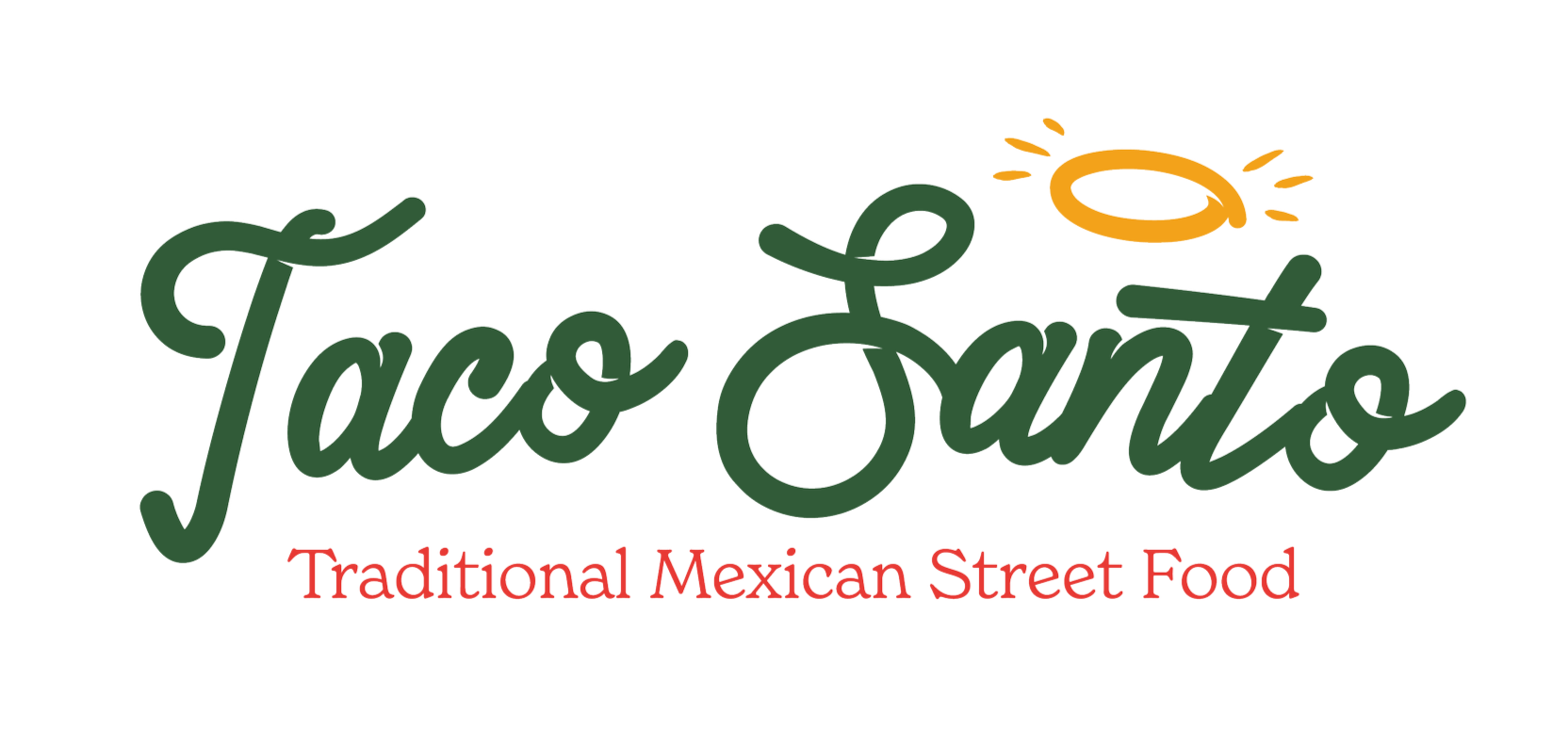 Logo for Taco Ocho featuring the name in green cursive with a small orange halo above the 'o' in 'Ocho'. Below, the tagline 'Traditional Mexican Street Food' is written in red.