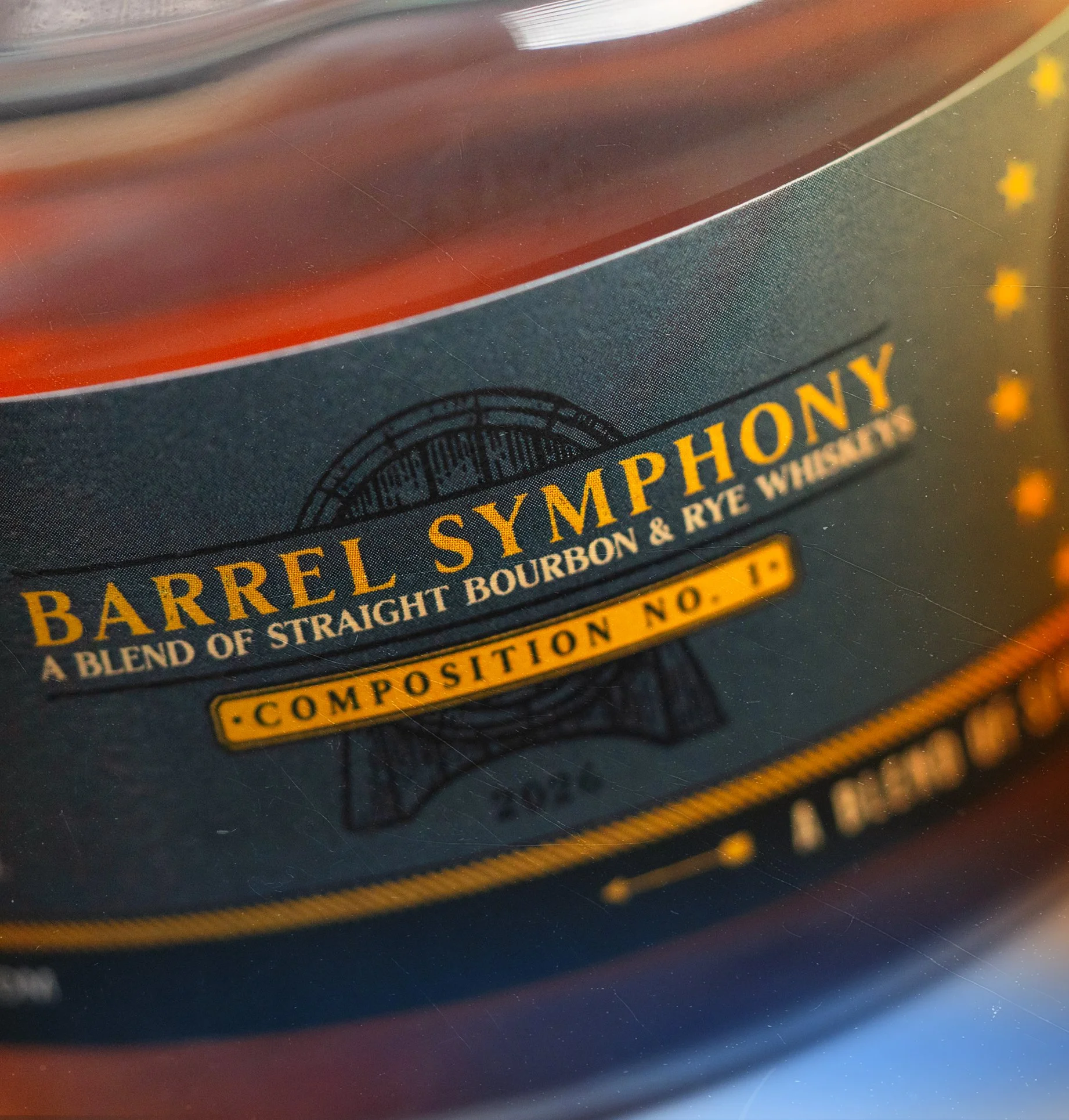 Close-up of a bottle label for 13th Colony Barrel Symphony Bourbon & Rye Whiskey Blend.