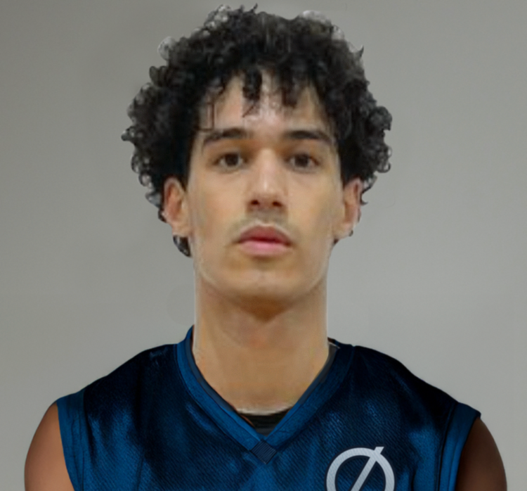 Portrait of a young man with curly dark hair wearing a black sports jersey with blue accents and a gray logo.