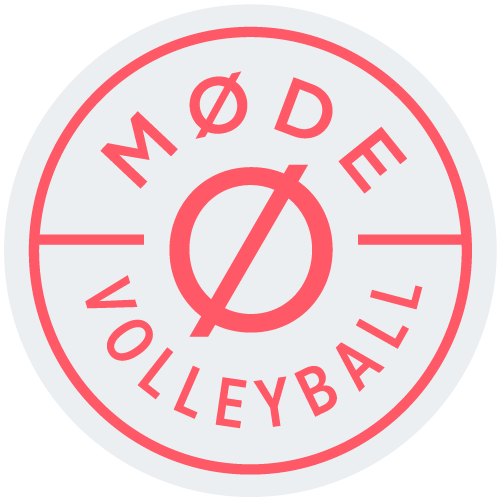Circle logo with red text reading "MØDE VOLLEYBALL" and a slash through the letter zero at the center.