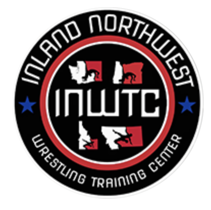 Logo for Inland Northwest Wrestling Training Center, featuring a circular design with black, red, and white colors, and images of wrestlers and animals.