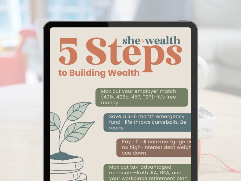 Digital screen displaying '5 Steps to Building Wealth' with tips about financial planning, emergency fund, debt, and retirement accounts.