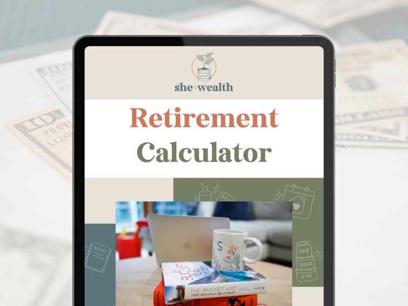 A tablet screen displays a retirement calculator app from she-wealth, with a workspace background including a laptop, a coffee mug, a book titled "The Bucket List", and some currency notes.