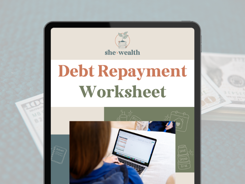 A tablet displaying a debt repayment worksheet from She Wealth, with money and financial planning icons in the background.