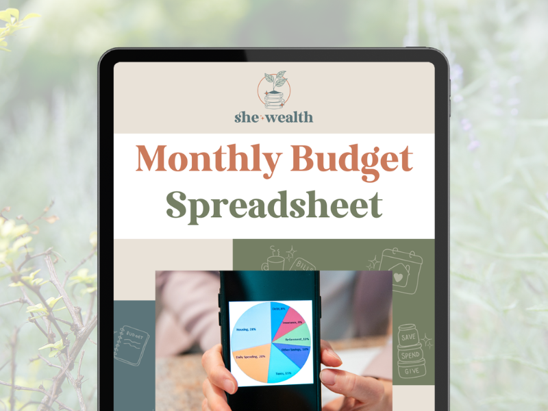 Cover page of a monthly budget spreadsheet from she wealth app, with a person holding a smartphone displaying a pie chart of expenses.