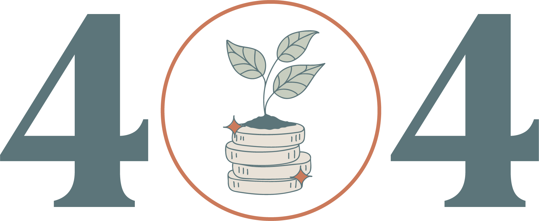 Number 4 and 4 with a coin stack and a plant inside a circle between them.