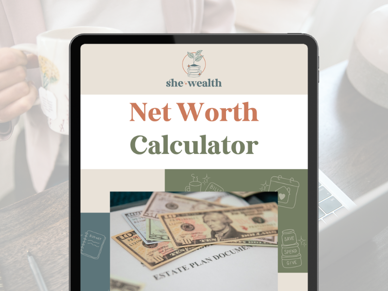 Tablet screen displaying a net worth calculator app with cash money and estate planning documents, on a wooden table with a person holding a coffee mug in the background.