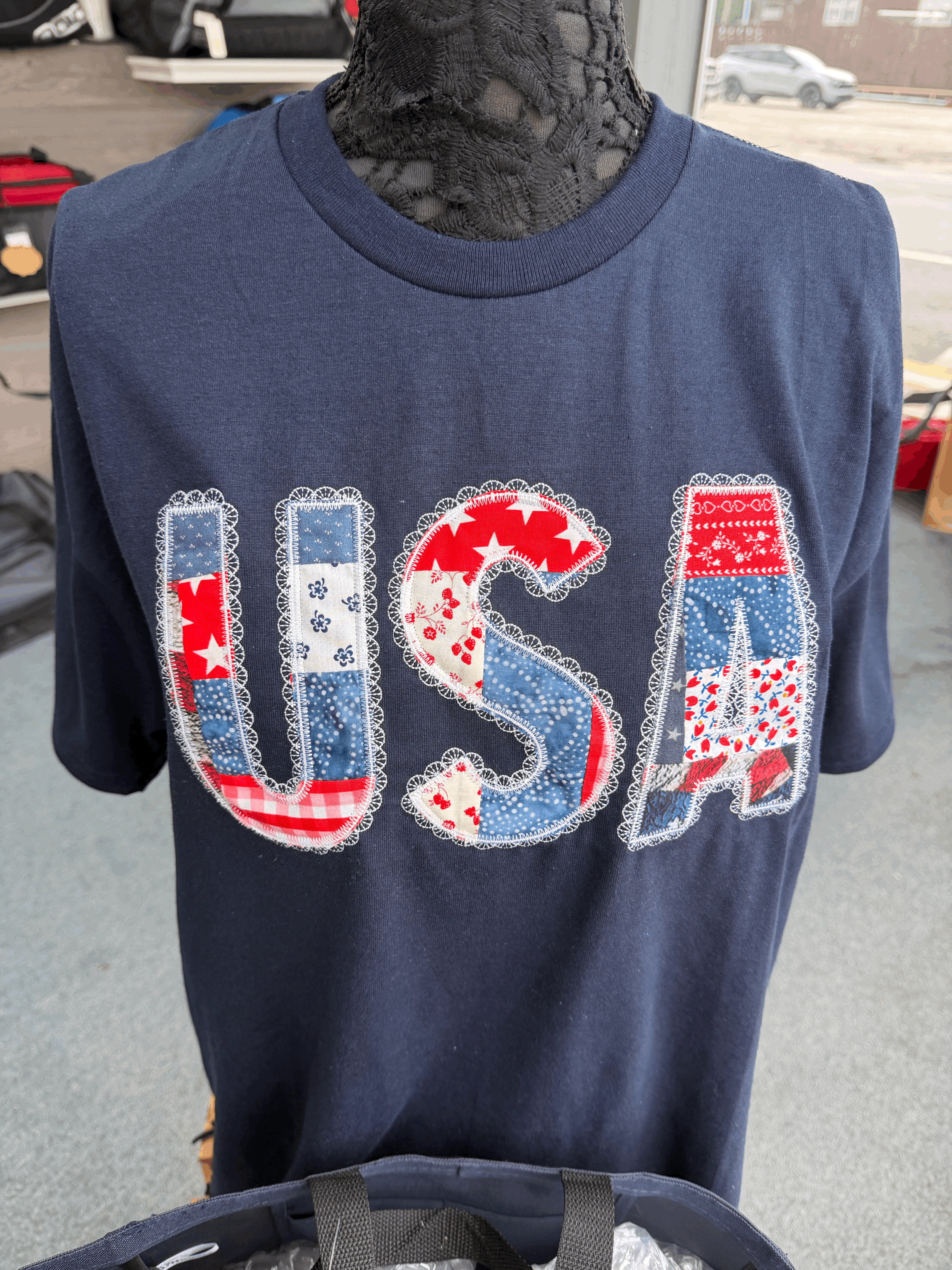 Navy Gildan Tee with Patchwork USA Appliqué