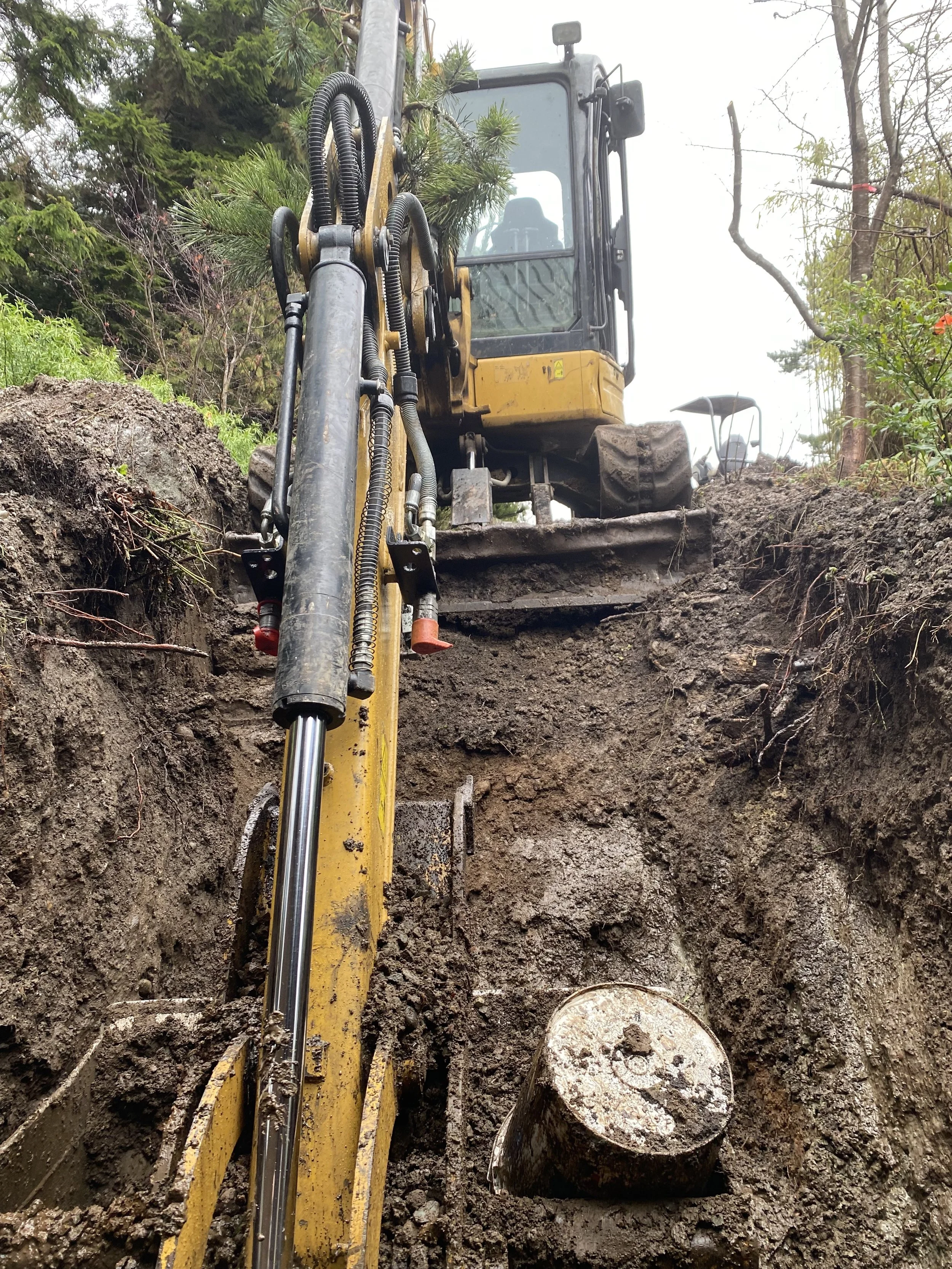 A yellow excavator is digging into the ground, lifting dirt and a tree stump, in a forested area with trees and bushes around.