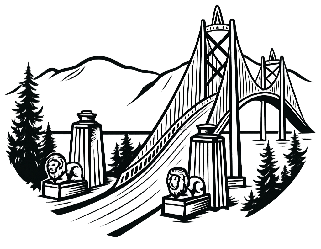 A black and white illustration of the Golden Gate Bridge in San Francisco, with two lion statues in front and a mountainous background.