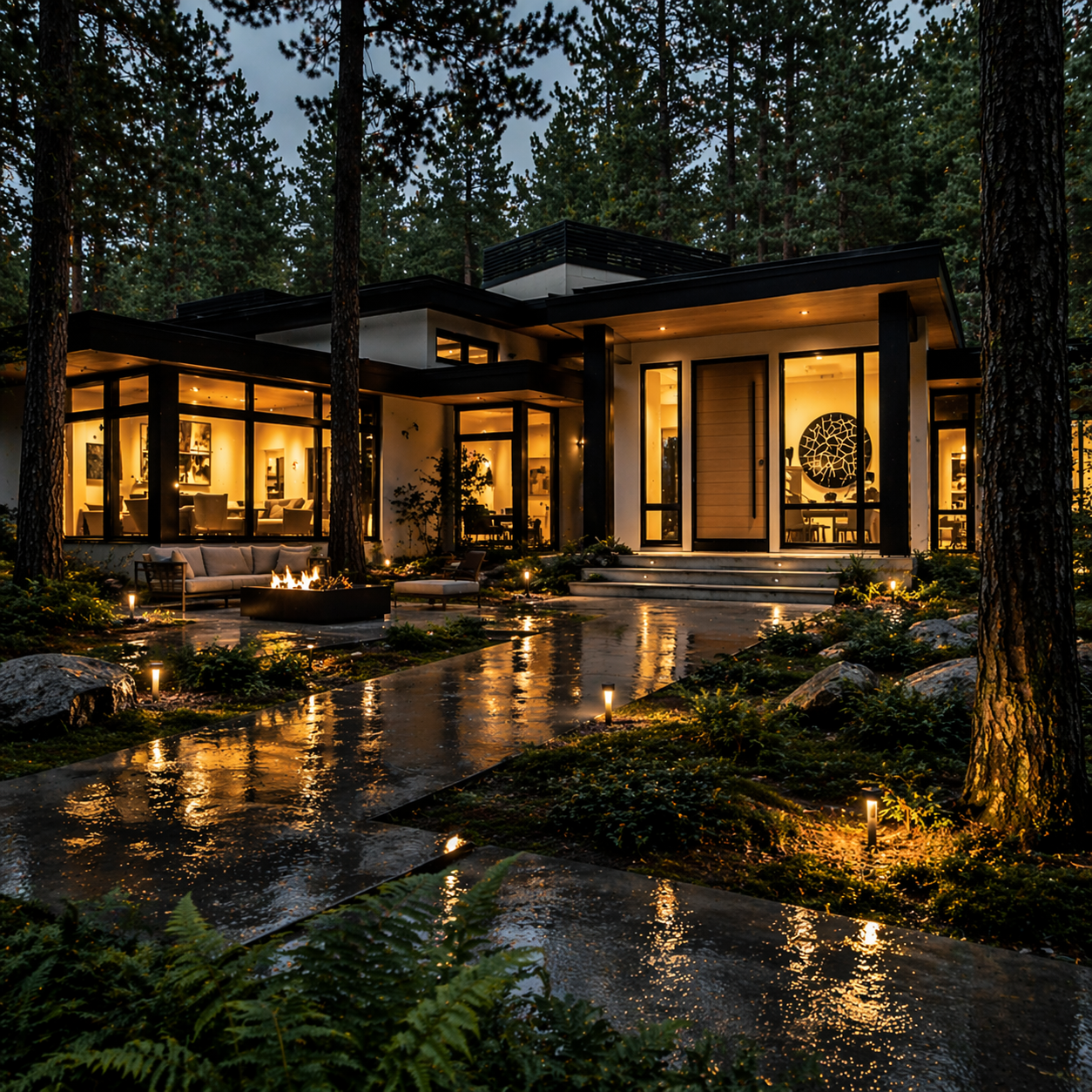 Modern house with large glass windows illuminated at dusk, surrounded by trees and landscaped garden with pathway, outdoor seating, and fire pit.