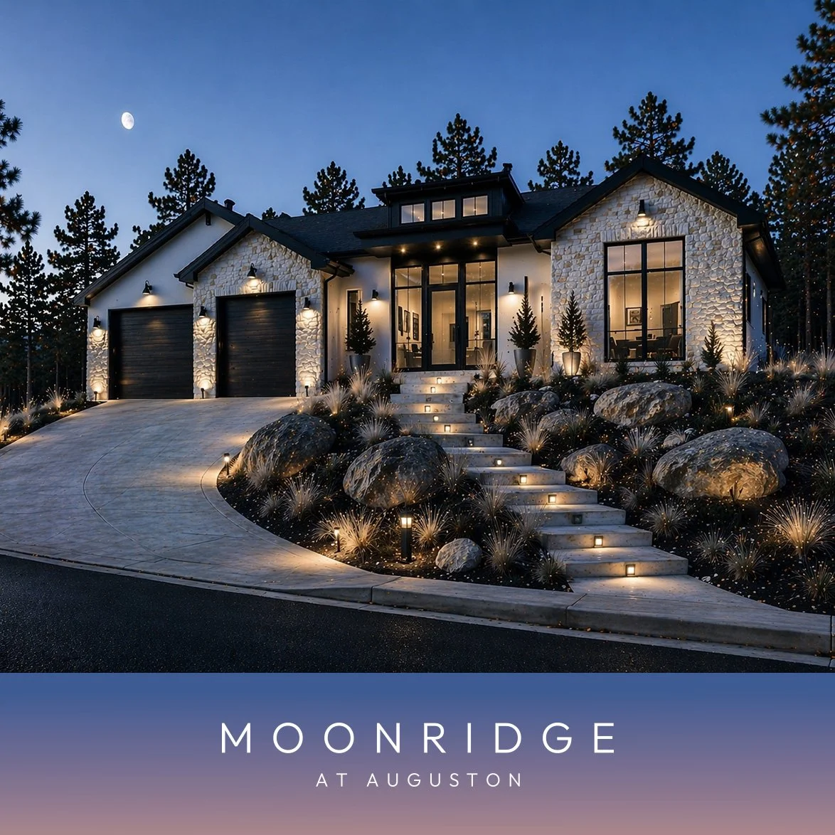 Modern house at dusk with large windows, stone exterior, landscaped yard, and decorative lighting including pathway lights and rocks.