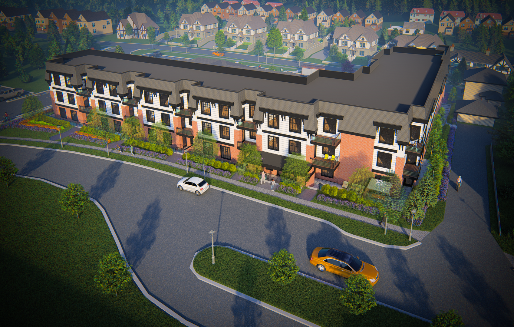A 3D rendering of a modern apartment complex with three stories, white and brick exterior, balconies, and landscaped surroundings, located on a curved road with parked cars and trees.