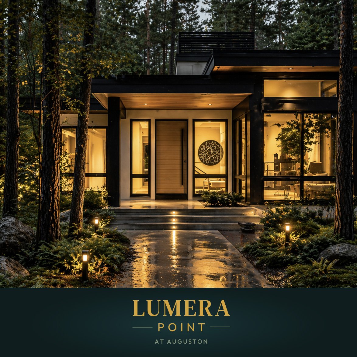 A modern house with large glass windows illuminated from inside, surrounded by tall trees and lush greenery, with a wet pathway leading up to the entrance at dusk.