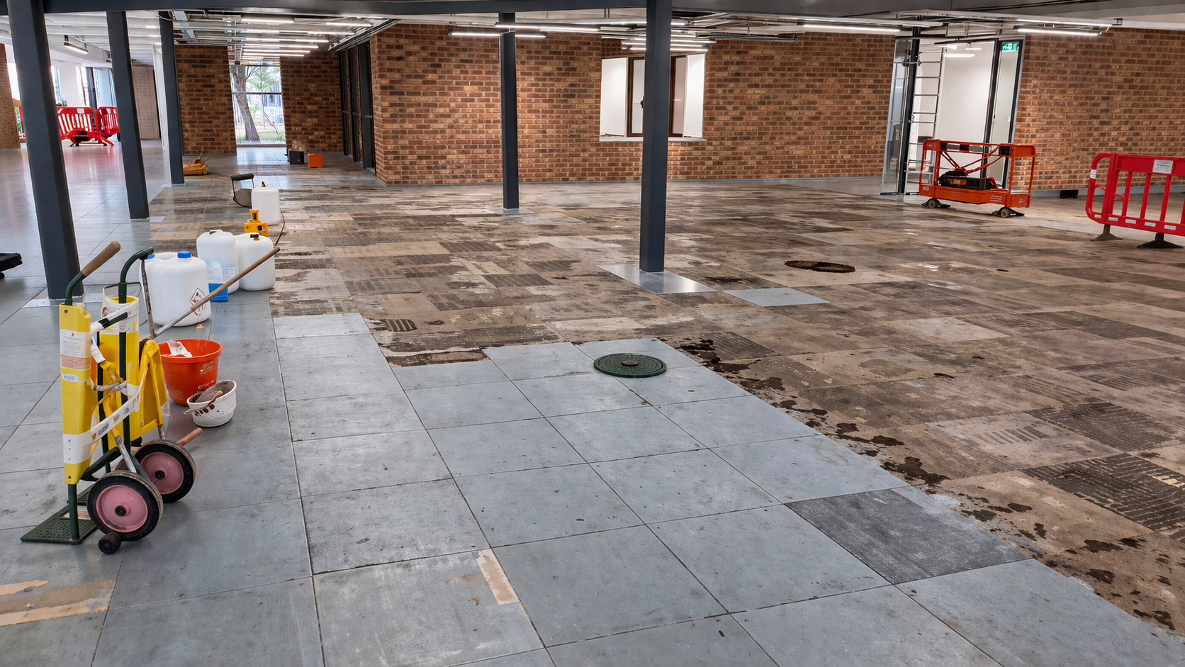 Before and after comparison of a raised access floor panel undergoing tackifier and adhesive removal.