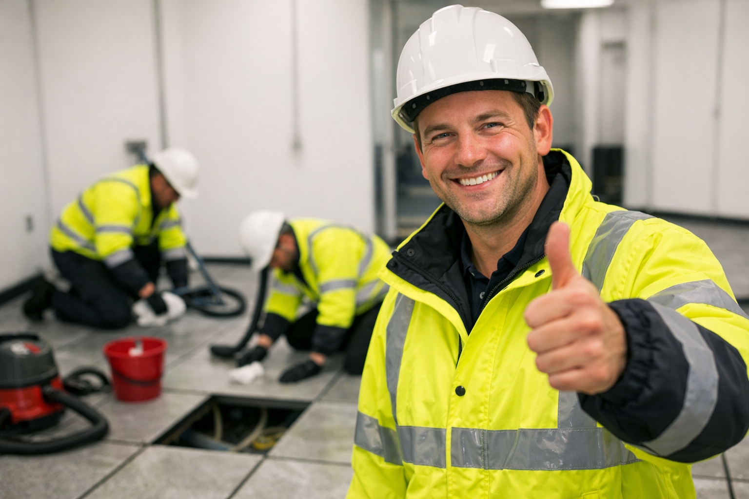 Technician cleaning adhesive from raised access floor using non-toxic solution.