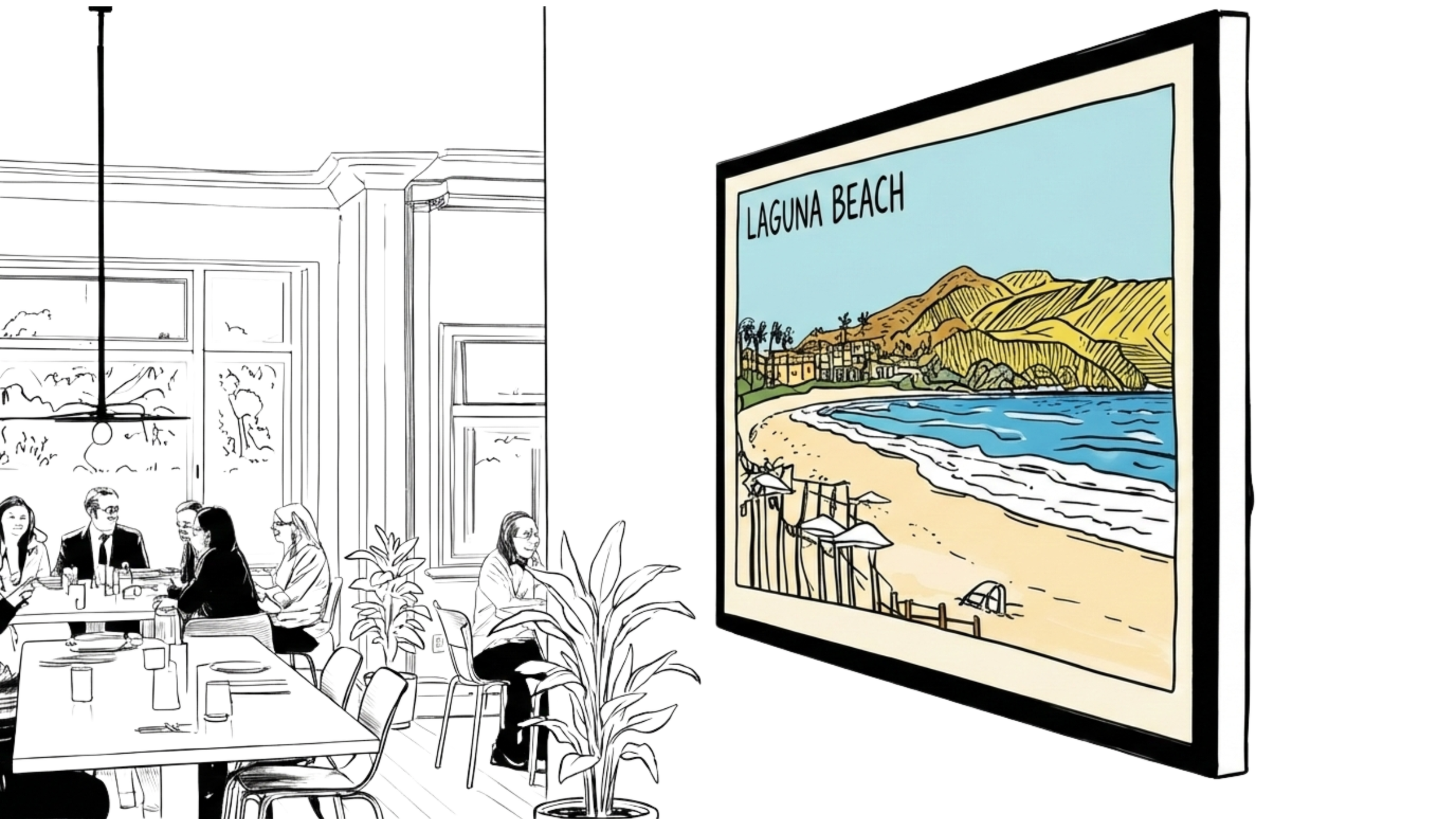 People seated at a table in an indoor setting with a large digital display showing a drawing of Laguna Beach with mountains, sand, ocean, and umbrellas.