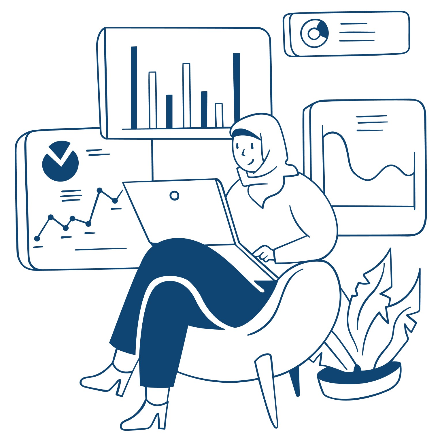 Line drawing of a woman with a hijab sitting on a chair, working on a laptop, surrounded by screens displaying charts and data, with a potted plant nearby.