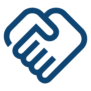 Logo of two outlined hands clasped in a handshake, in blue and black.