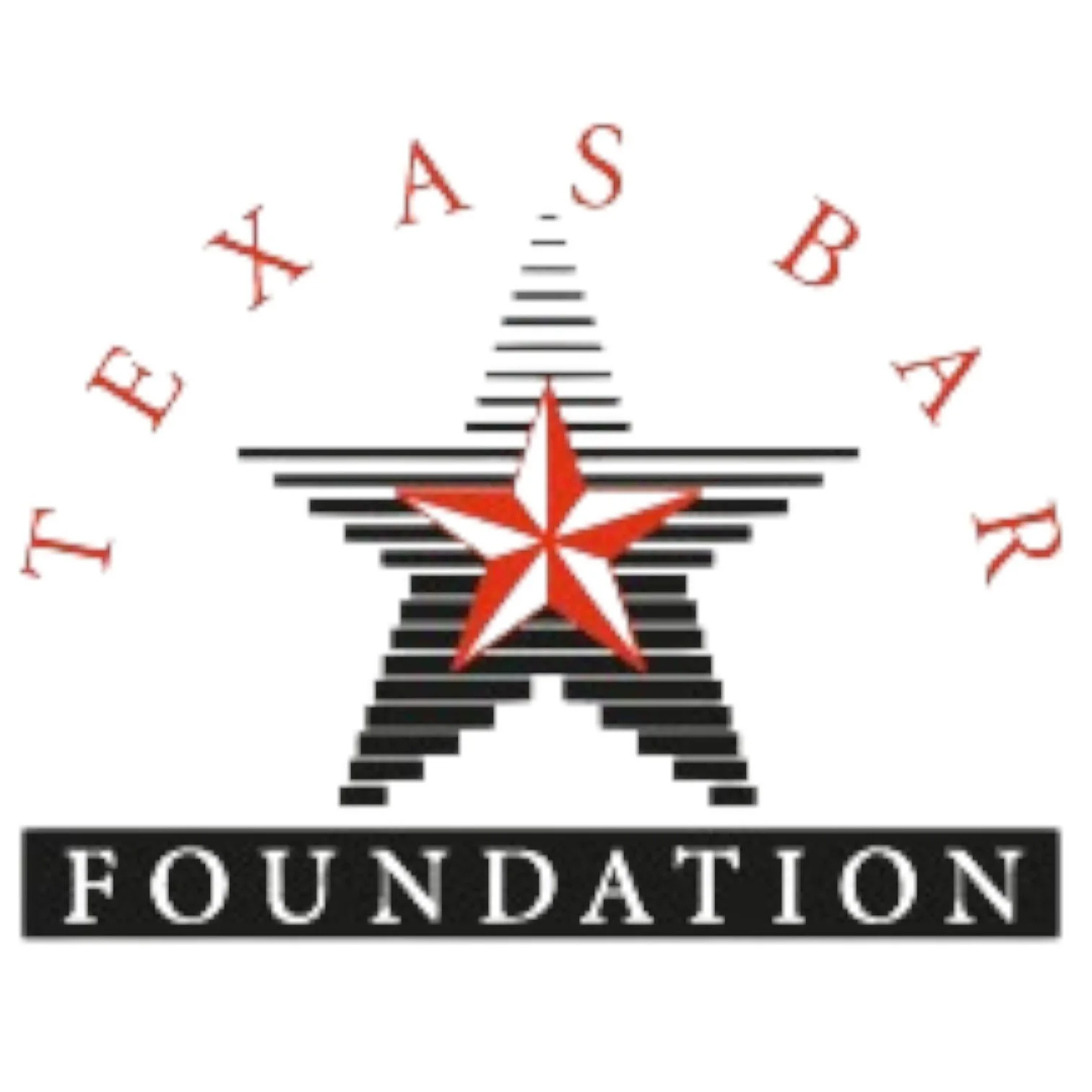 Texas Bar Foundation logo featuring a stylized star with red and white colors inside a black star outline. Above the star is a horizontal line with smaller vertical lines at the center. 