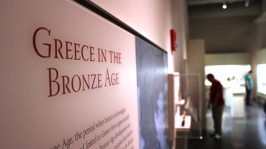Exhibit display titled "Greece in the Bronze Age" in a museum.