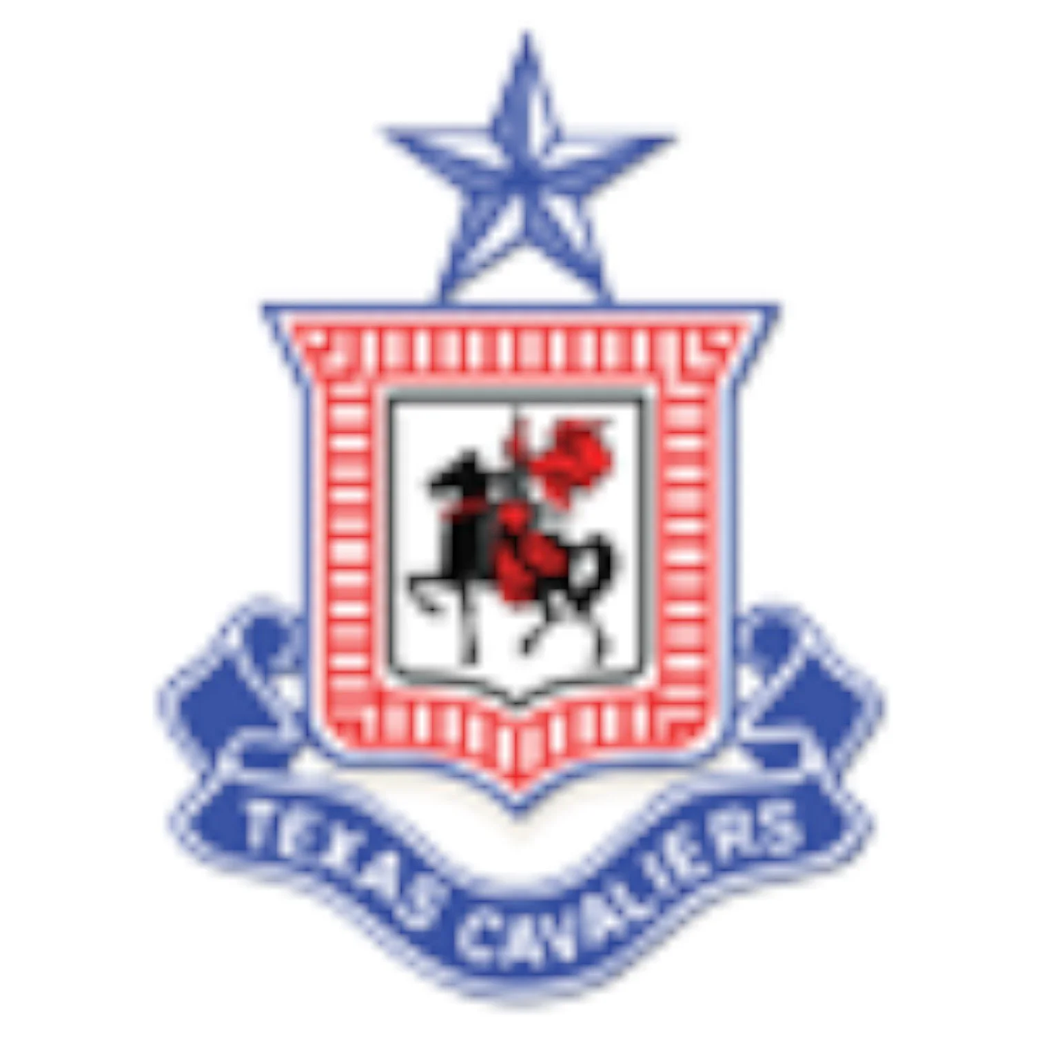 The logo of Texas Cavaliers featuring a man on a horse inside a shield with a border, topped with a star and a ribbon at the bottom that says 'Texas Cavaliers'.