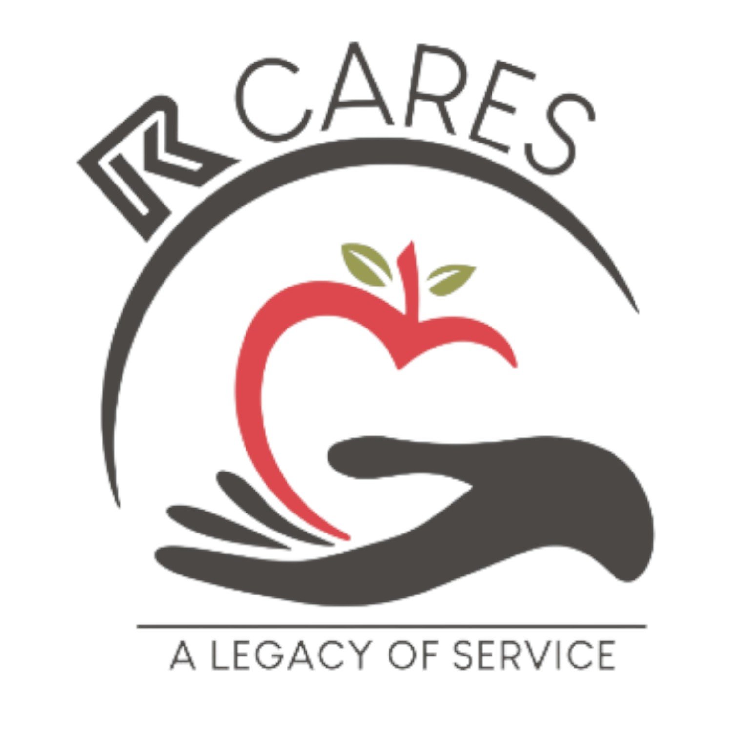 A logo for 'RK Cares', featuring a black hand holding a red apple with green leaves,  and 'A LEGACY OF SERVICE' below.