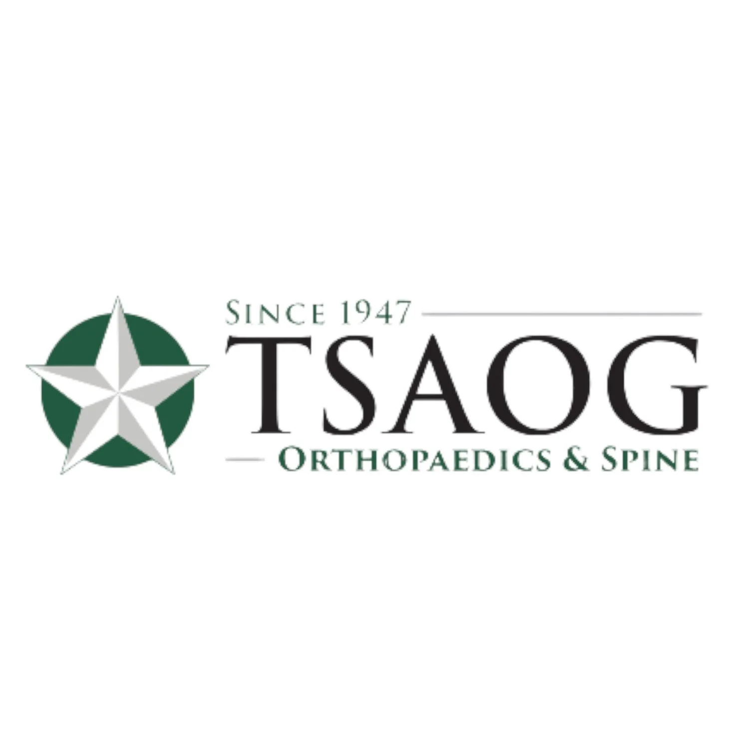 Logo for TSAOG Orthopaedics & Spine featuring a green and white star and text noting the company's establishment in 1947.