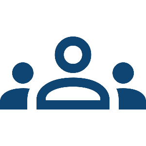 A logo with a dark blue circle in the center, surrounded by three smaller circles, representing a group or community.