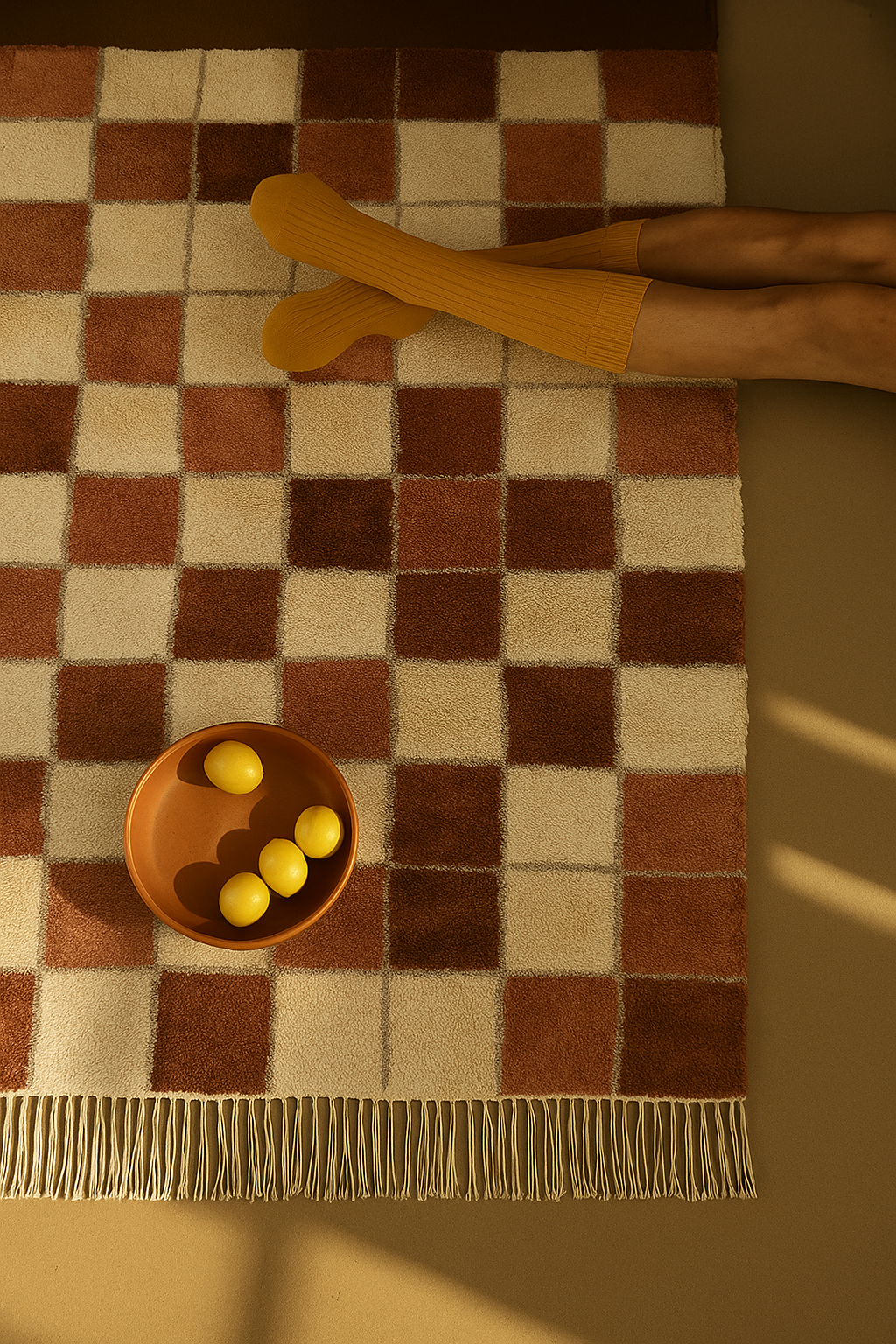 Jambes allongées d'une personne portant des chaussettes jaunes, allongée sur un tapis à carreaux rouges et blancs. Il y a un bol en terre cuite contenant cinq œufs jaunes dans le coin inférieur gauche de l'image.