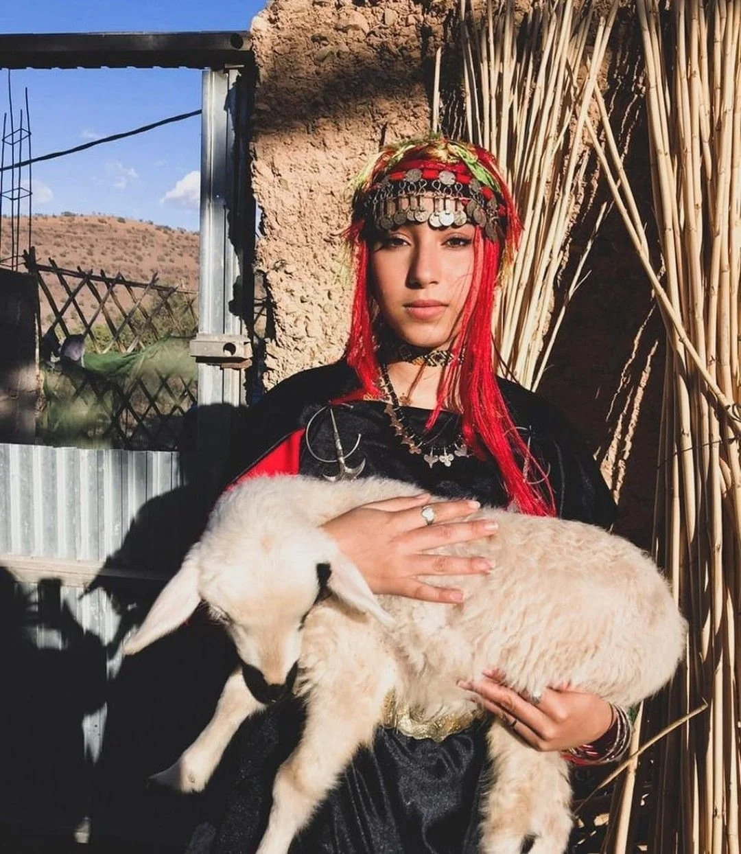 Une femme portant un déguisement traditionnel avec un bandeau décoré de pièces, des bijoux ou bijoux en forme d'étoiles, et une robe noire en velours. Elle tient un agneau blanc dans ses bras, dans un environnement extérieur avec des murs en torchis, une structure en métal, et des plantes sèches.