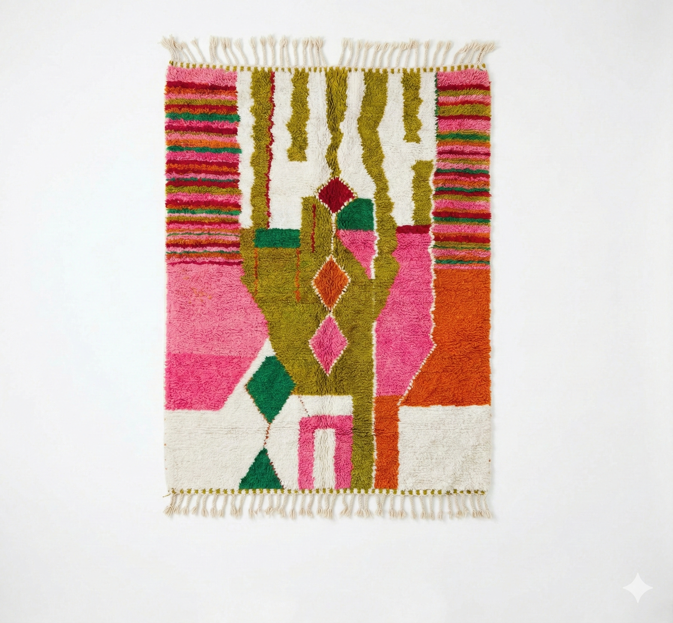 Tapis marocain contemporain en laine – Rose, safran & vert minéral