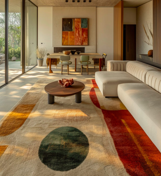 Salon moderne avec un tapis aux motifs géométriques, canapé blanc et table basse ronde en bois, grande fenêtre laissant entrer la lumière naturelle, décoration abstraite sur le mur.