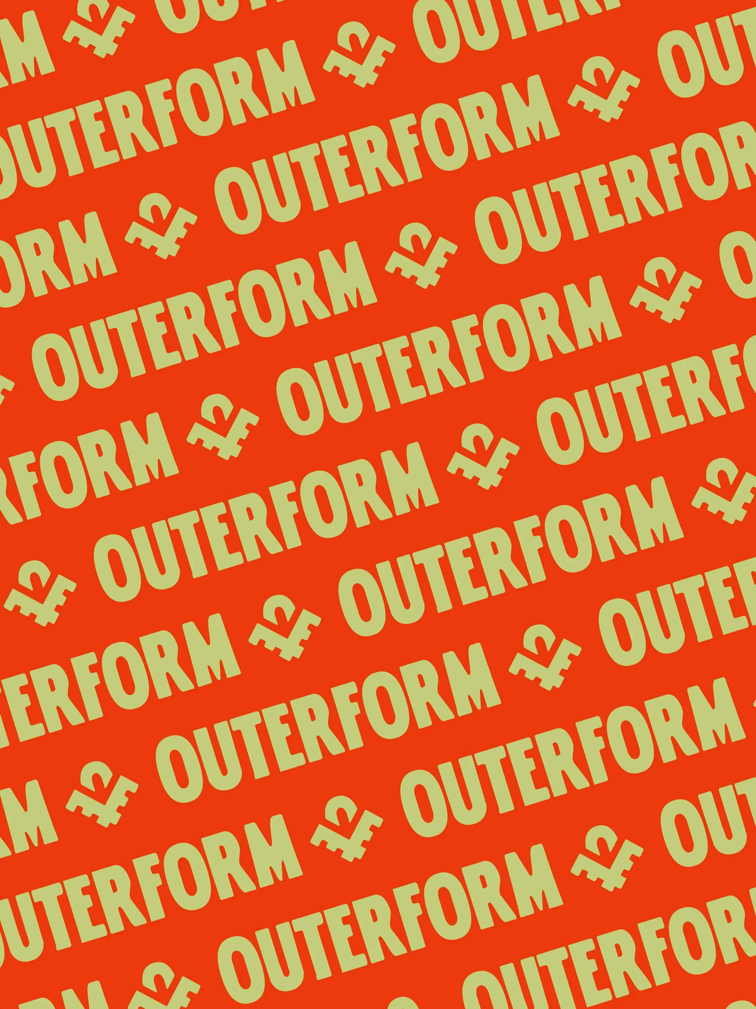 Patterned background with the word 'OUTERFORM' and a pound symbol (£) repeatedly in light yellow on an orange background.