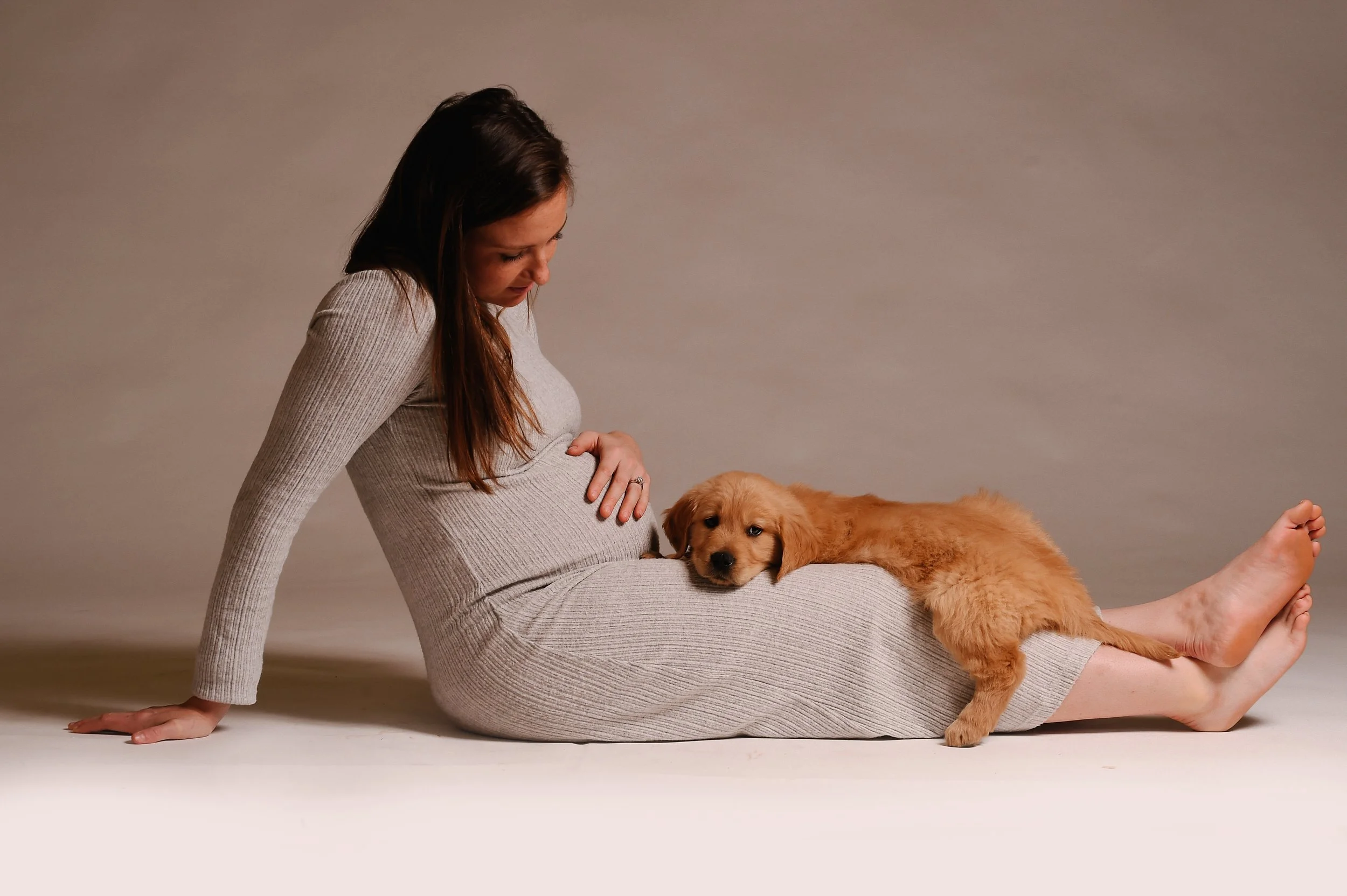 Pregnant woman in a gray dress sitting on the floor with a golden retriever puppy resting its head on her belly.