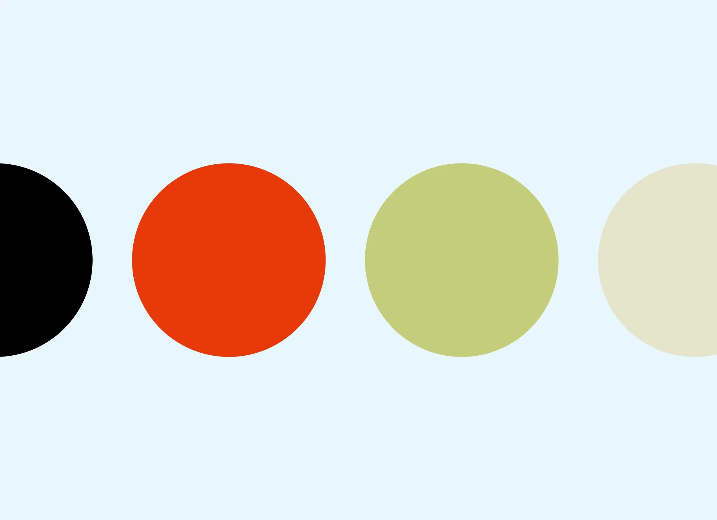 Four circles in a row on a light blue background, black, red, olive green, and light beige.