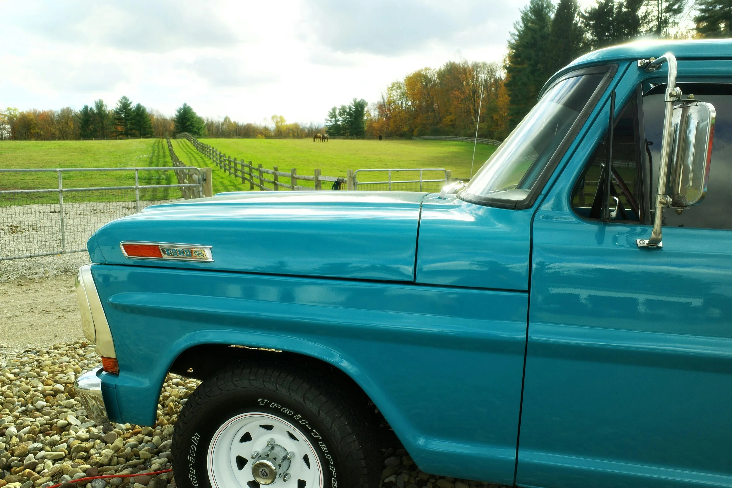 Close-up of a vintage blue Ford truck parked on a gravel surface with a rural landscape in the background, including a grassy field, a fence, trees, and horses.