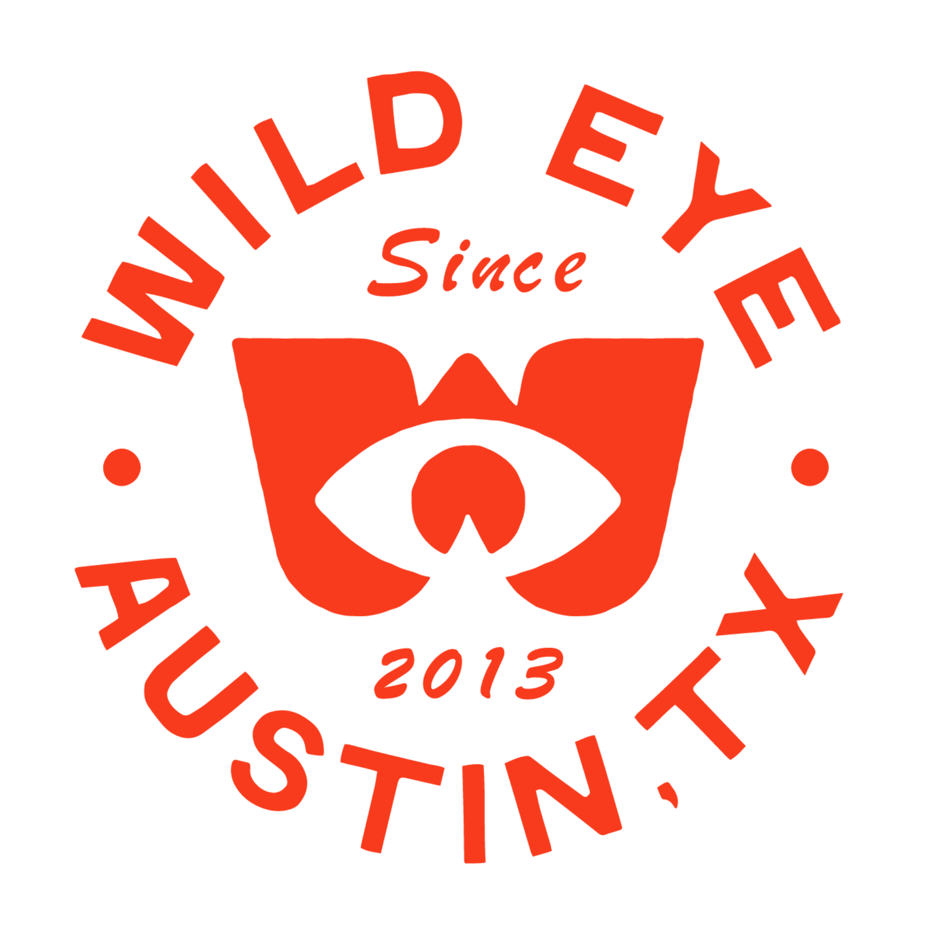 Red and black logo for Wild Eye Austin, established in 2013, featuring an eye in the center of a stylized animal face, with the text 'Wild Eye Austin' encircling it.