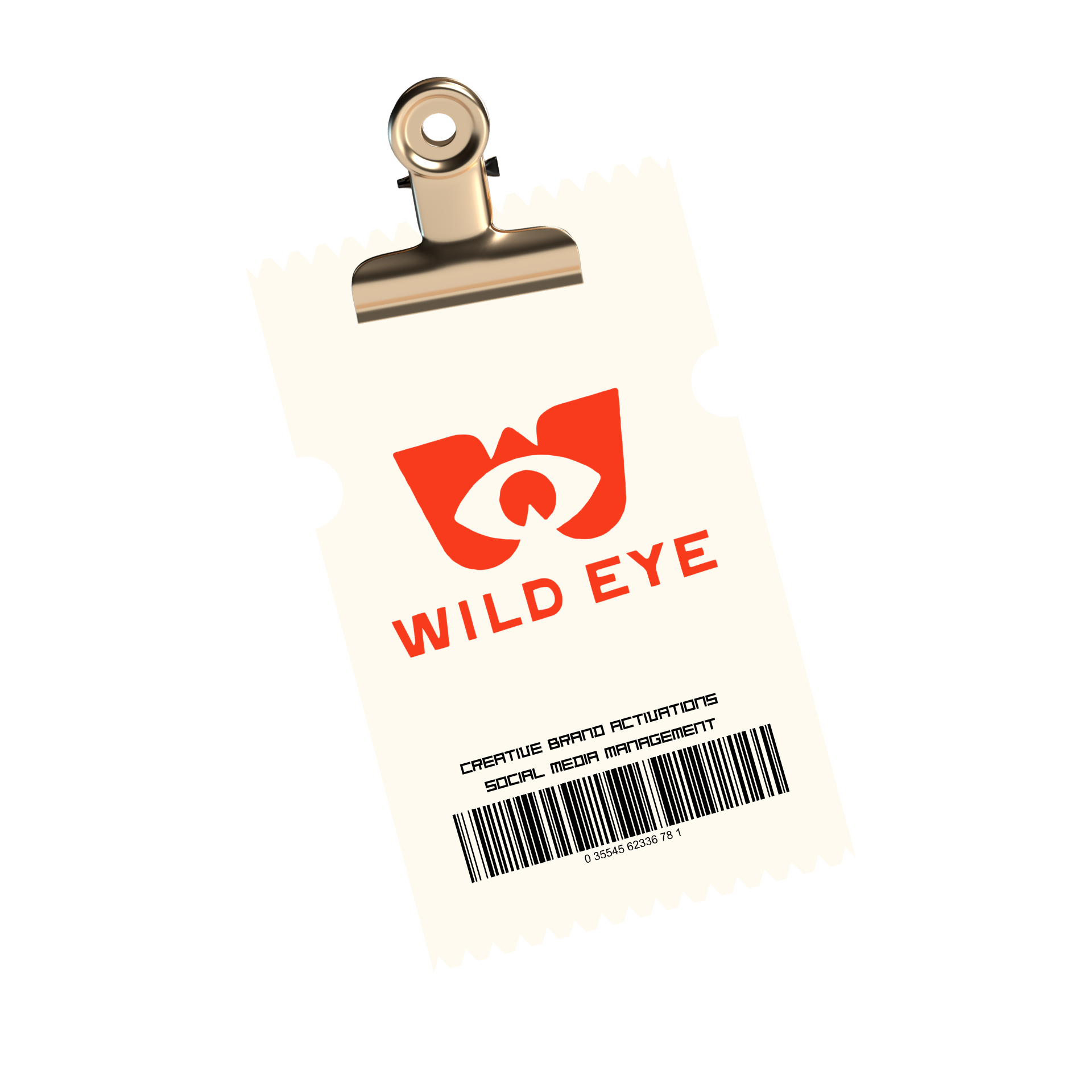 A white tag attached to a clip with the red and white Wild Eye logo, containing the text 'Creative Brand Activations' and 'Social Media Management' along with a barcode.