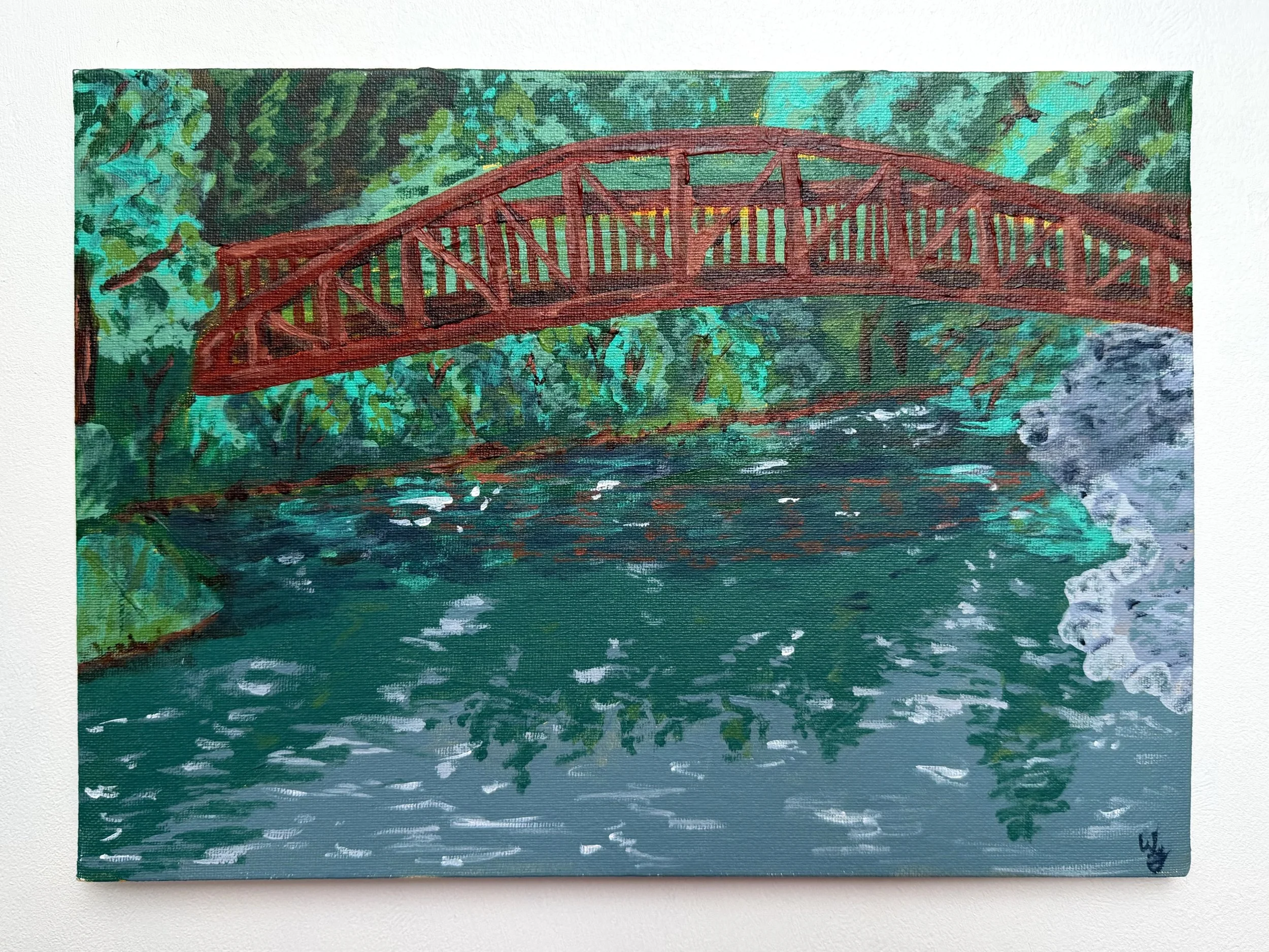 Original plein air acrylic painting of the red pedestrian bridge at Three Creeks Confluence along the Jordan River Parkway in Salt Lake City, Utah.