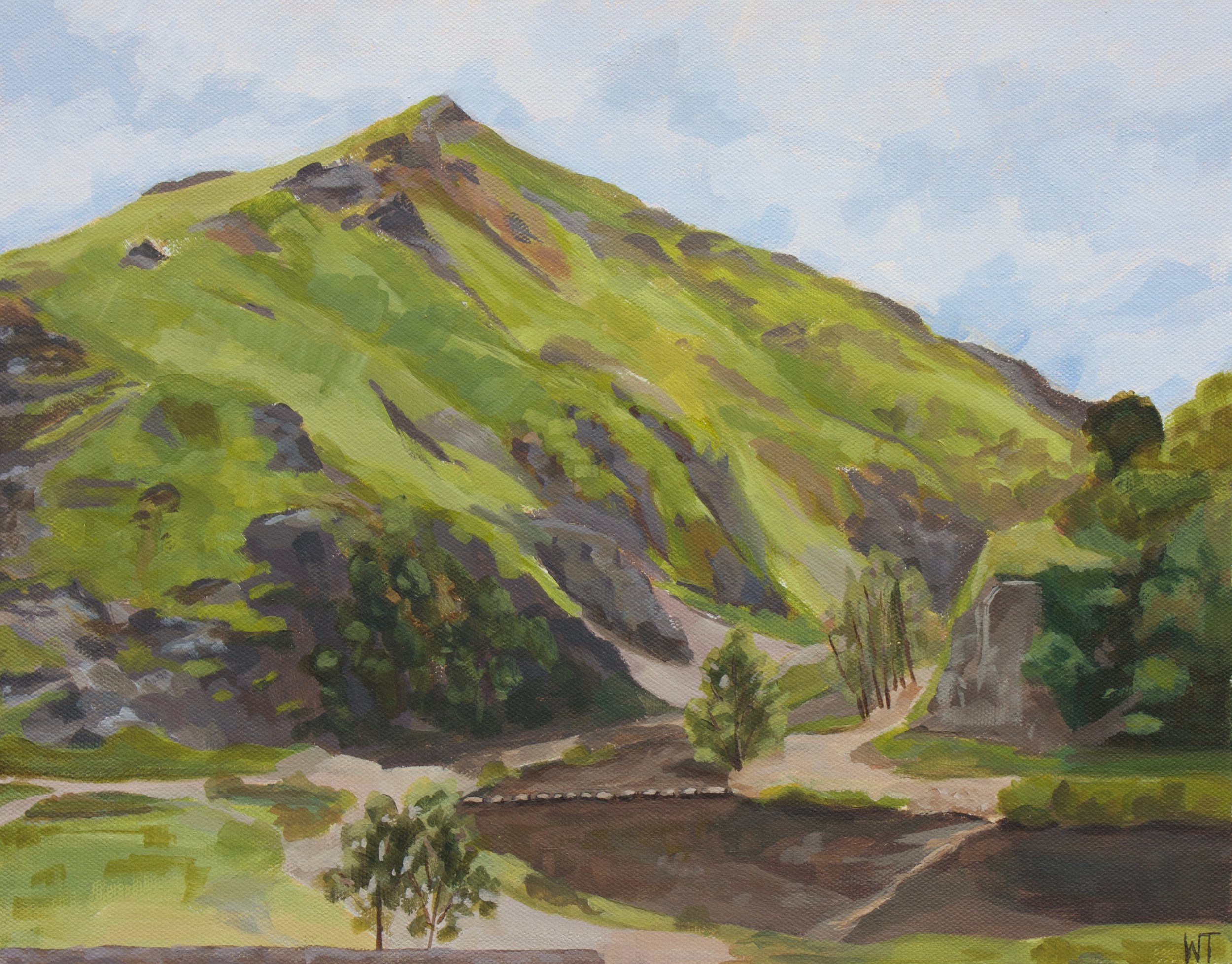 A painting of a green mountain with trees, a dirt path, and a body of water in the foreground. Wren Tilbrook Art, Ashbourne Derbyshire, Peak District