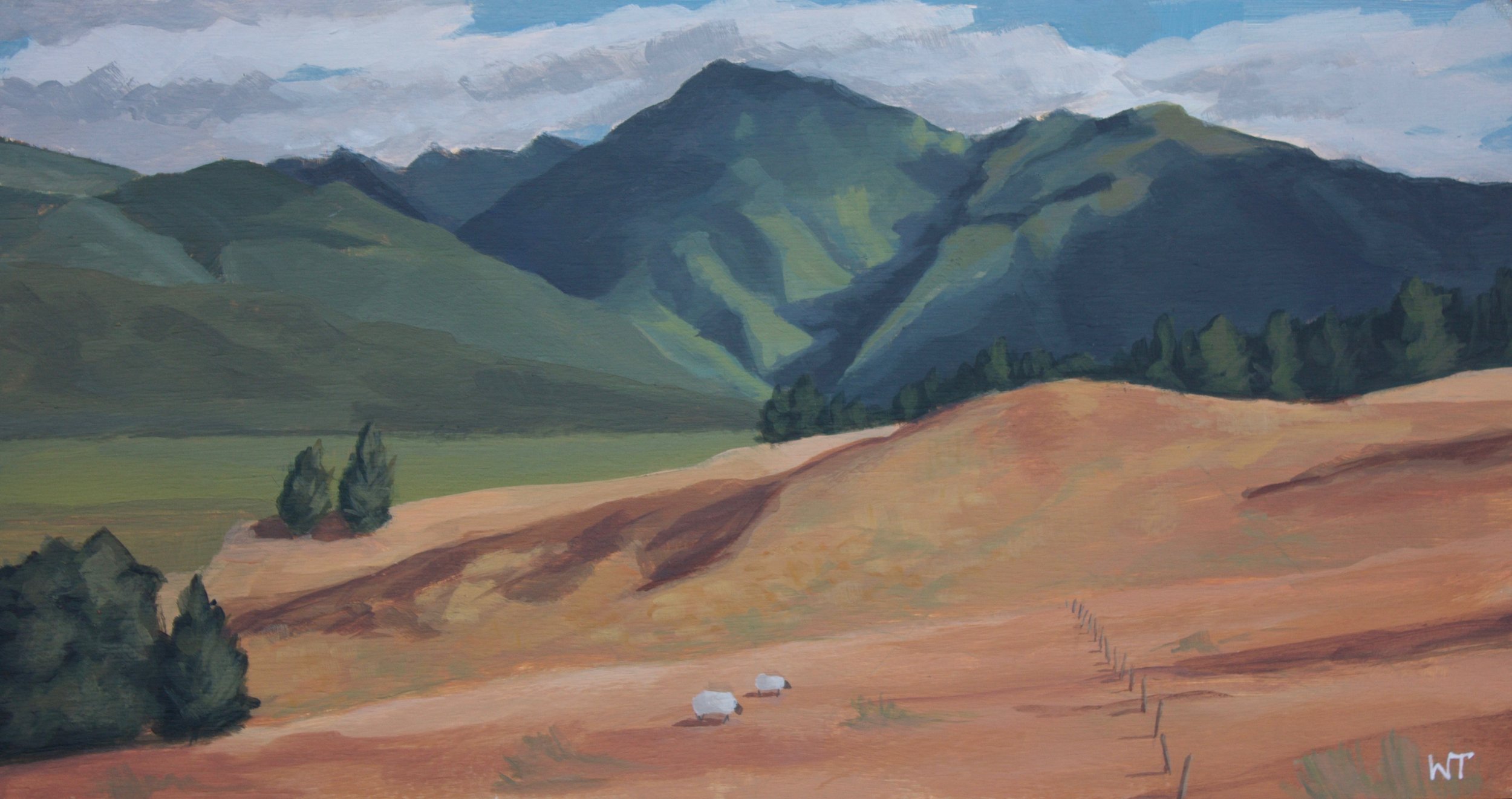 A landscape from New Zealand, a painting of golden rolling hills, green mountains, and a cloudy sky. Two small sheep are grazing in the foreground, with a fenced area nearby. Wren Tilbrook Art, Ashbourne Derbyshire, Peak District