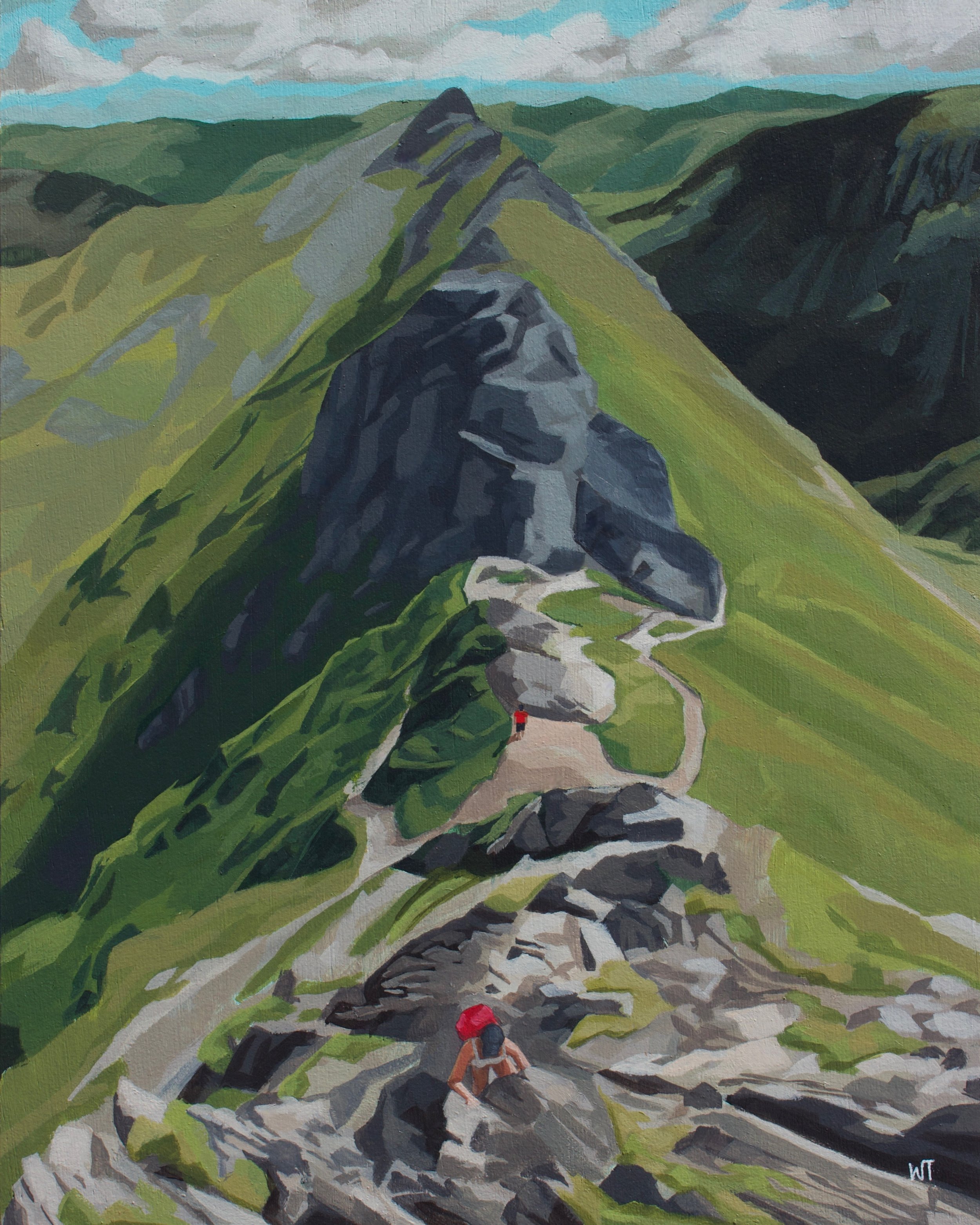 Painting of a mountain trail with hikers wearing red helmets, surrounded by green hills and rocky terrain under a blue sky. Wren Tilbrook Art, Ashbourne Derbyshire, Peak District