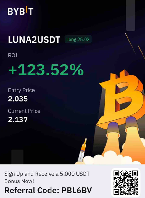 Cryptocurrency trading app screen showing LUNA2USDT with 123.52% ROI, entry price 2.035, current price 2.137, and a Bitcoin symbol with rockets. Includes a referral code and QR code for sign-up.