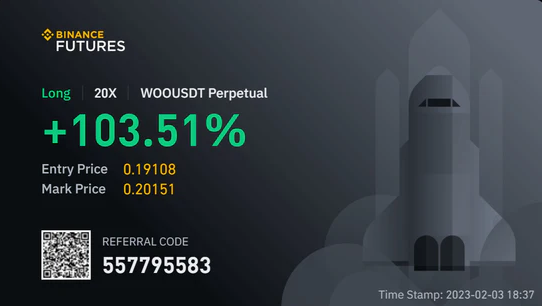 Cryptocurrency trading screen showing Binance Futures platform with a positive 103.51% change in WOUIDST Perpetual, entry price 0.19108, mark price 0.20151, referral code 557795583, and a timestamp of February 3, 2023, at 18:37.