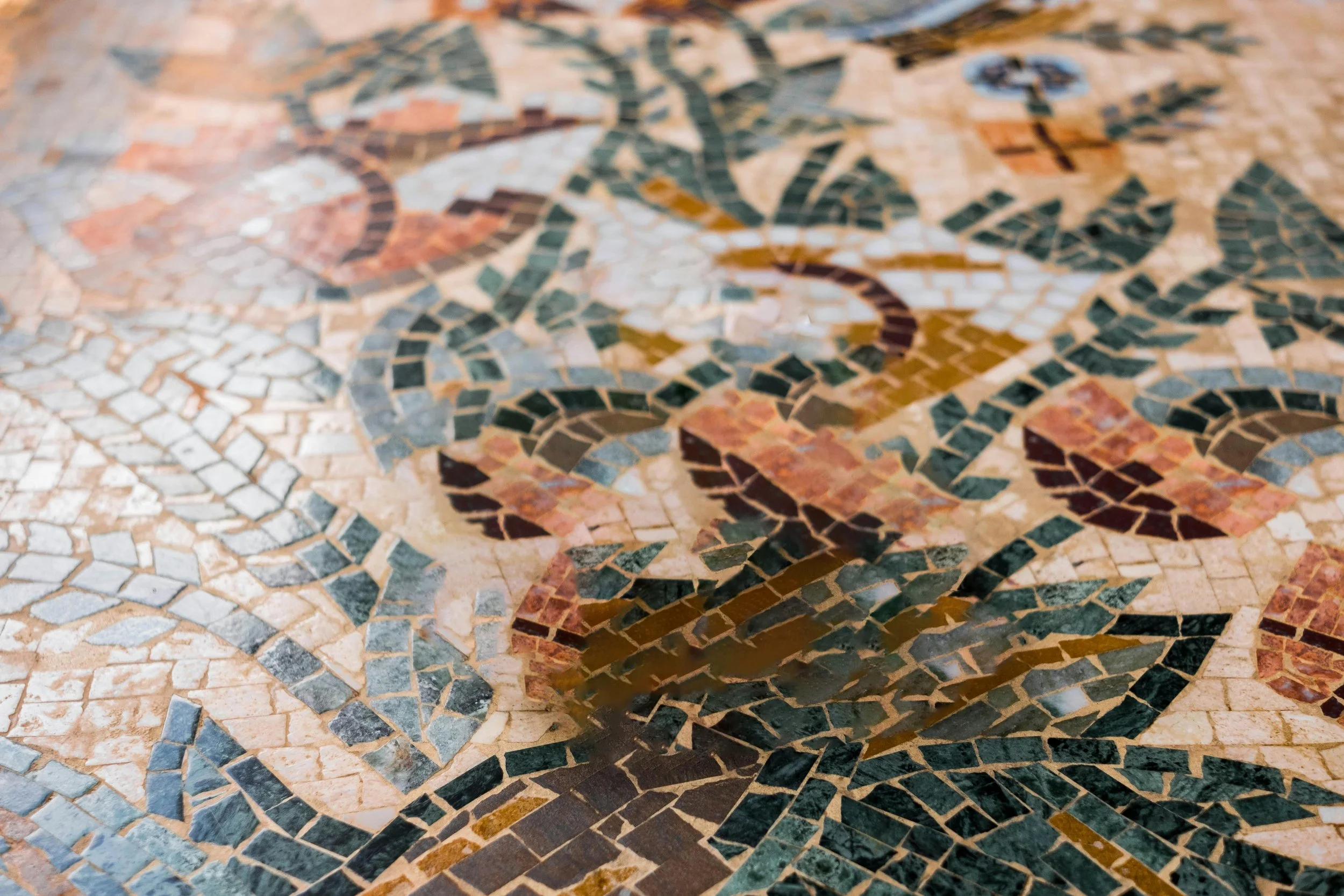 Close-up view of an intricate mosaic floor with tile patterns and colors.