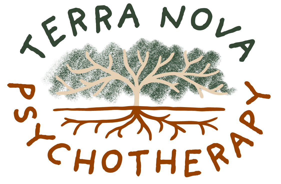 Logo for Terra Nova Psychotherapy; an artistic rendition of a tree and roots, wreathed by the text "Terra Nova Psychotherapy"